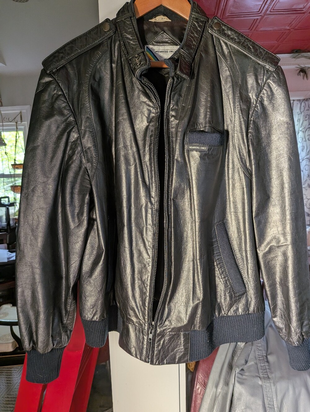 Members Only Black Leather Bomber Jacket with Ribbed Trim